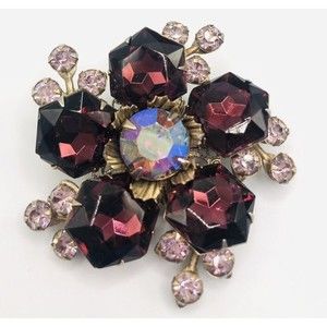 Purple Glass Brooch~ Pink Rhinestone ~AB Glass Bead
